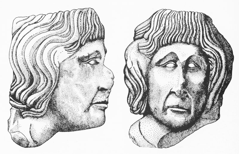 Medieval bust, drawing. © Crown Copyright RCAHMW.