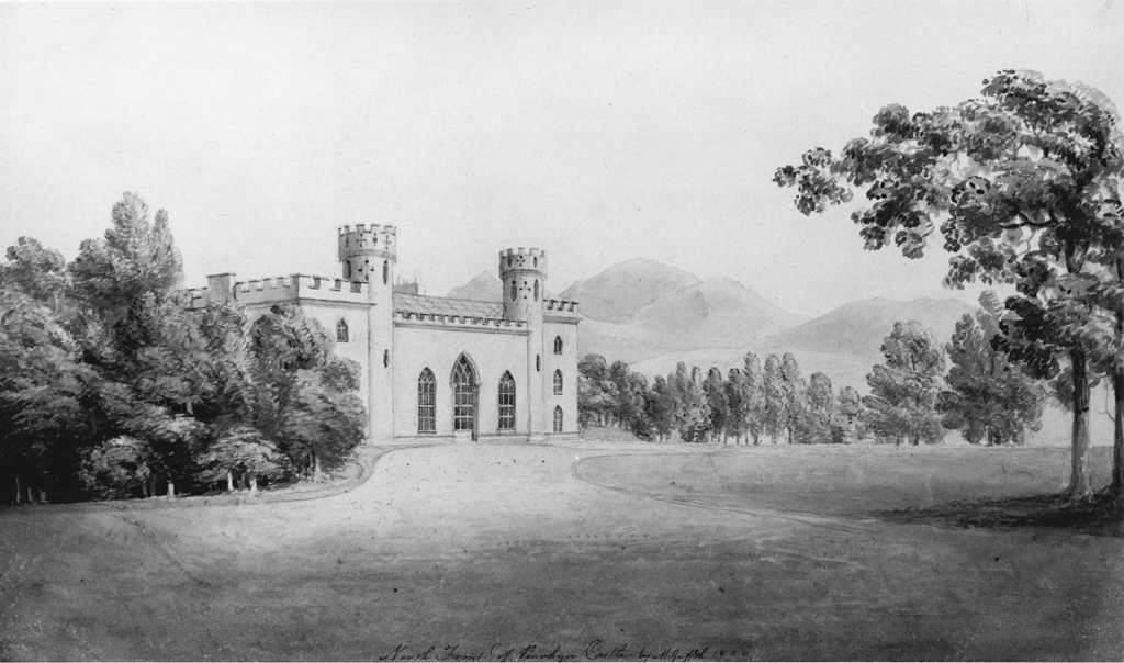 West-front of Penrhyn Castle, historic drawing. © Crown Copyright RCAHMW.