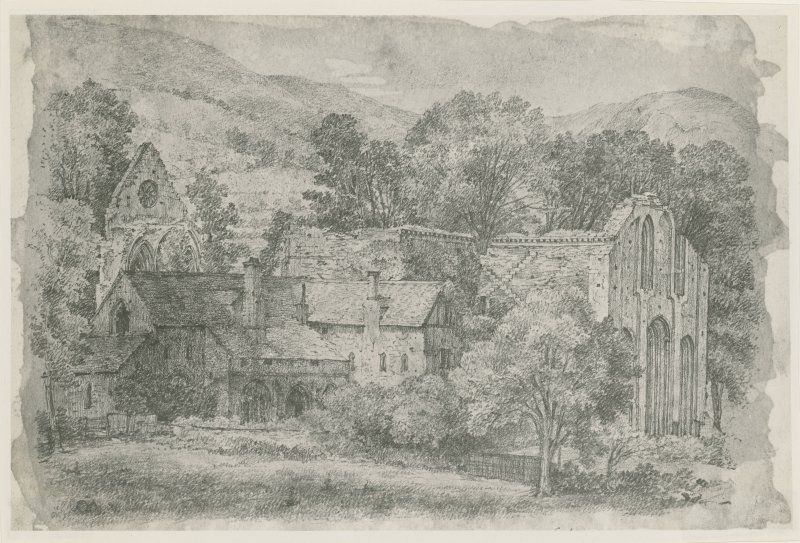 Valle Crucis Abbey, historical drawing. © Crown Copyright RCAHMW.